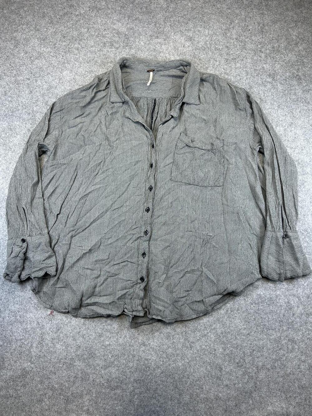 Free People Button Up Blouse XS Flowy Drape Ruffle Gray Boho Chic Cocktail